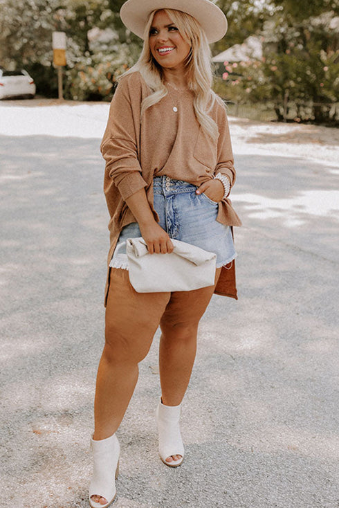 Drop Shoulder Ribbed Trim Tunic Length Knit Top