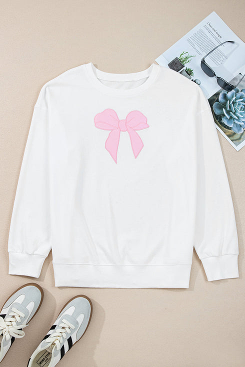 Drop Shoulder Statement Bow Accent Relaxed Pullover Sweatshirt