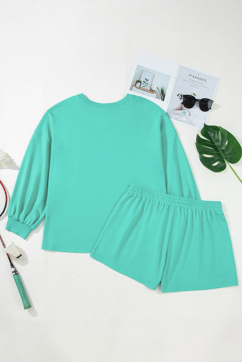Drop Shoulder V Neck Pullover Shorts Loungewear Set