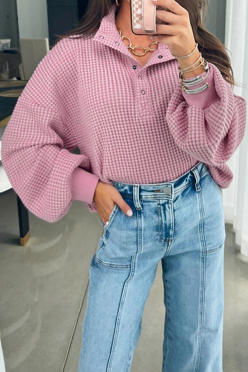 Drop Shoulder Waffle Texture Snap Button Collared Top