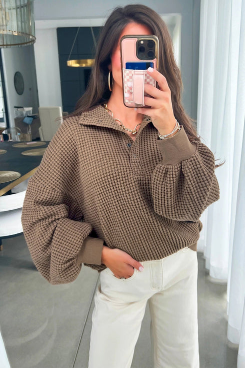 Drop Shoulder Waffle Texture Snap Button Collared Top