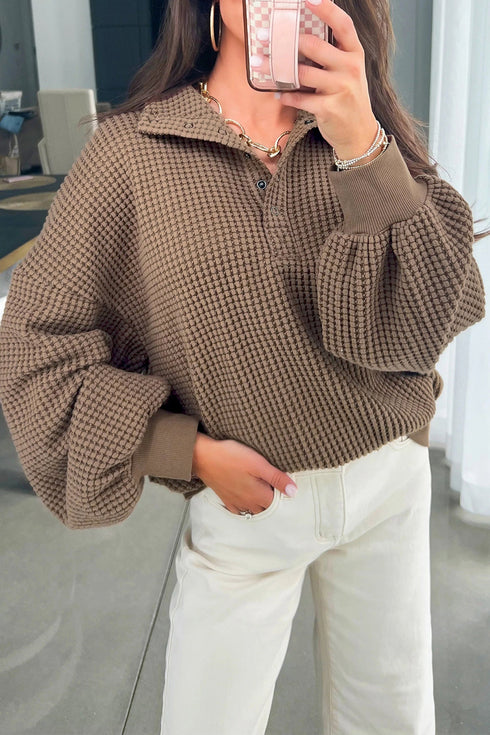 Drop Shoulder Waffle Texture Snap Button Collared Top