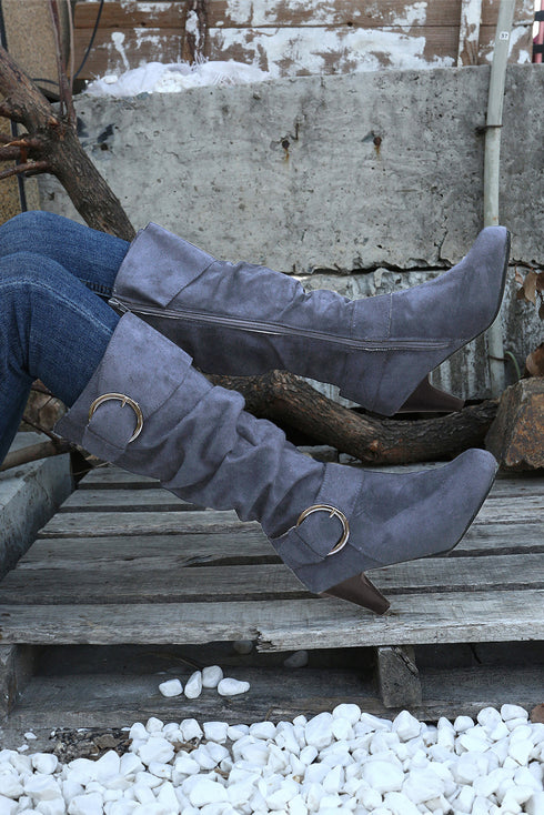 Dual Buckle Strap Western Block Heel Mid Calf Boots