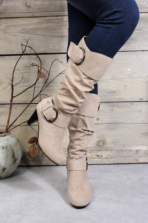 Dual Buckle Strap Western Block Heel Mid Calf Boots