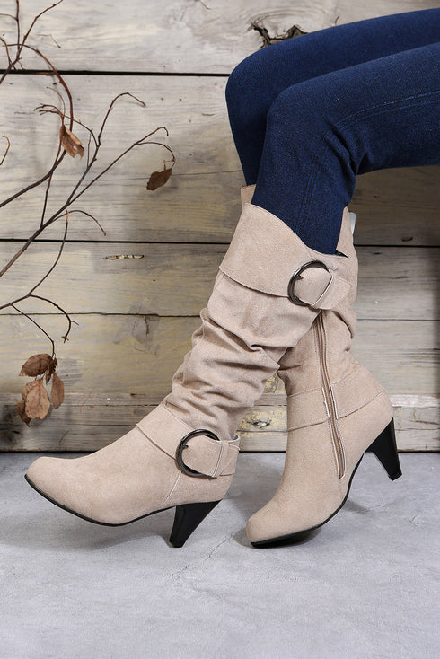 Dual Buckle Strap Western Block Heel Mid Calf Boots