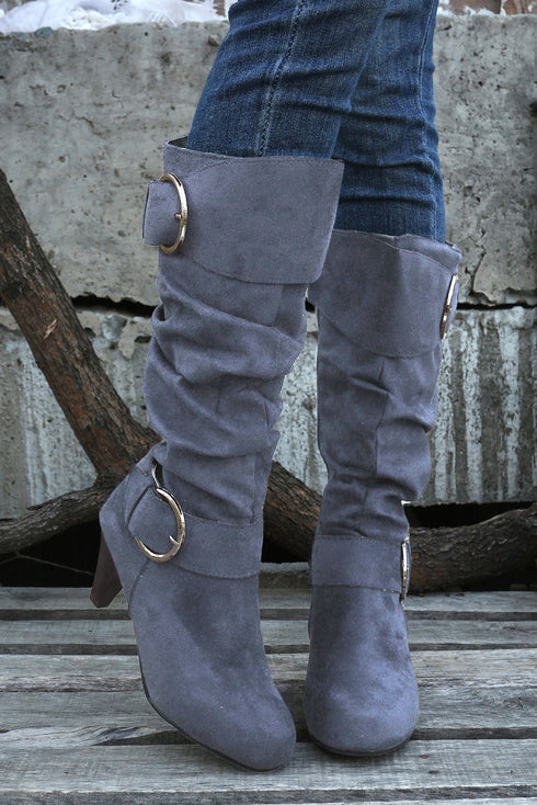 Dual Buckle Strap Western Block Heel Mid Calf Boots