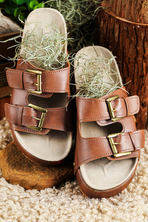 Dual Buckle Studded Platform Sole Slide Slippers