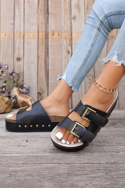 Dual Buckle Studded Platform Sole Slide Slippers