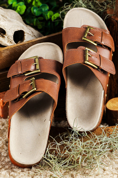 Dual Buckle Studded Platform Sole Slide Slippers