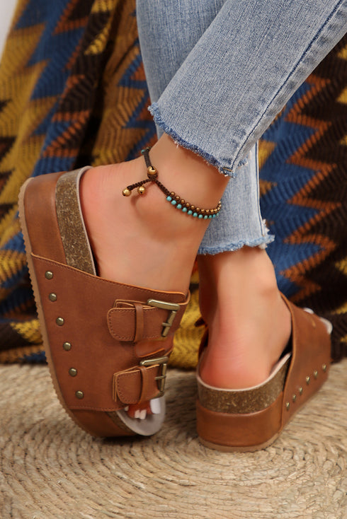 Dual Buckle Studded Platform Sole Slide Slippers
