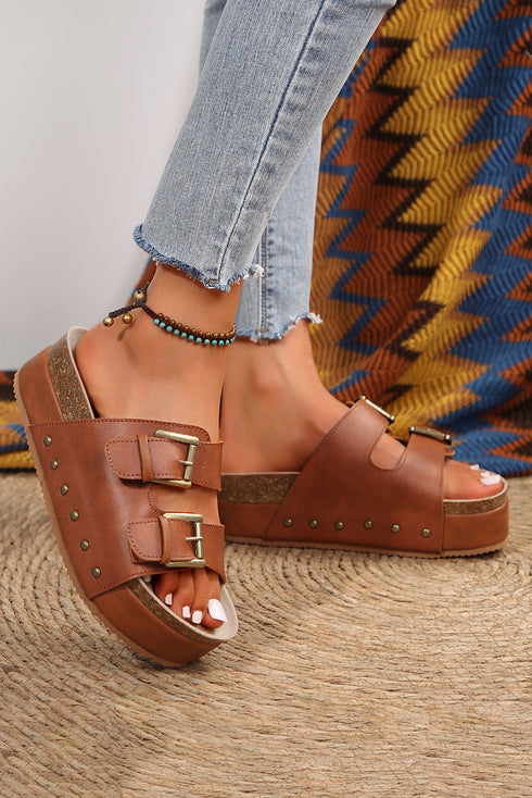 Dual Buckle Studded Platform Sole Slide Slippers