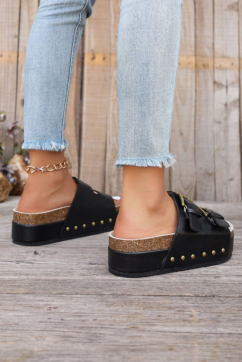 Dual Buckle Studded Platform Sole Slide Slippers
