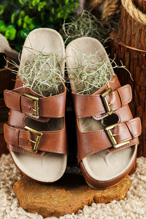Dual Buckle Studded Platform Sole Slide Slippers