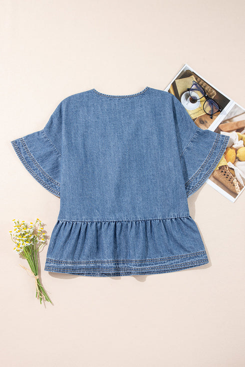 Dusk Blue Denim Ruffled Sleeve Lace up Front Peplum Top