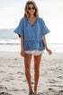 Dusk Blue Denim Ruffled Sleeve Lace up Front Peplum Top