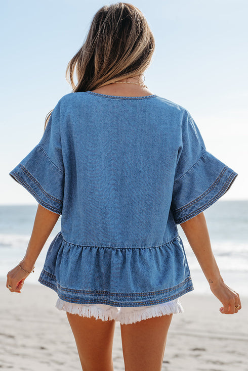 Dusk Blue Denim Ruffled Sleeve Lace up Front Peplum Top