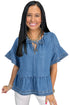 Dusk Blue Denim Ruffled Sleeve Lace up Front Peplum Top