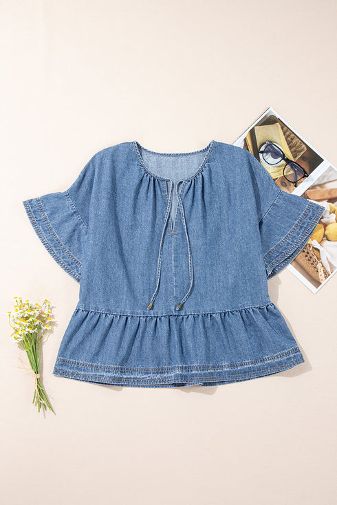 Dusk Blue Denim Ruffled Sleeve Lace up Front Peplum Top