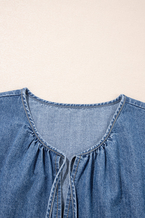 Dusk Blue Denim Ruffled Sleeve Lace up Front Peplum Top