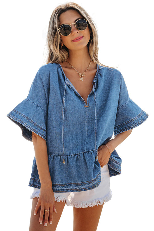 Dusk Blue Denim Ruffled Sleeve Lace up Front Peplum Top