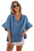 Dusk Blue Denim Ruffled Sleeve Lace up Front Peplum Top
