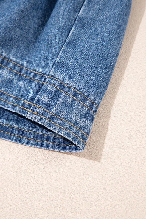 Dusk Blue Denim Ruffled Sleeve Lace up Front Peplum Top