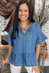 Dusk Blue Denim Ruffled Sleeve Lace up Front Peplum Top