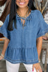 Dusk Blue Denim Ruffled Sleeve Lace up Front Peplum Top