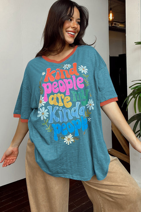Dusk Blue Kind People are My Kind People Graphic Oversized Tee