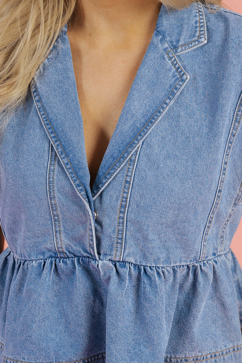 Dusk Blue Lapel Denim Babydoll Top