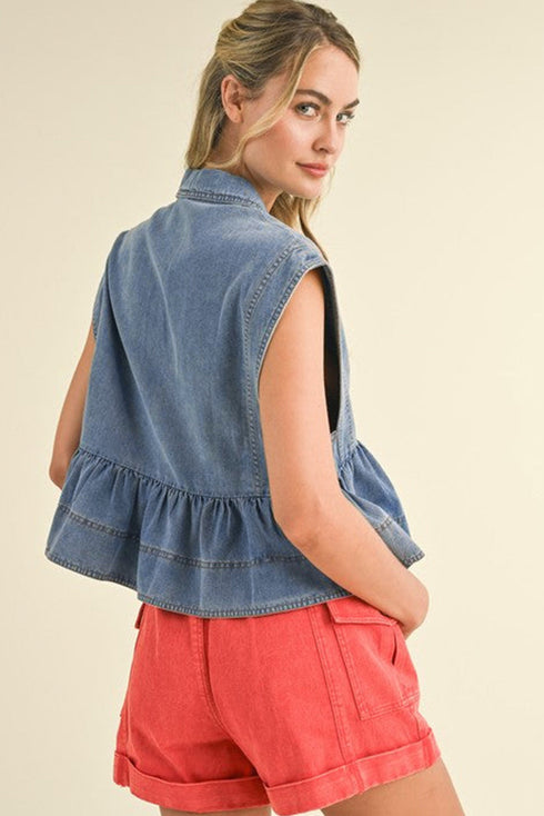 Dusk Blue Lapel Denim Babydoll Top