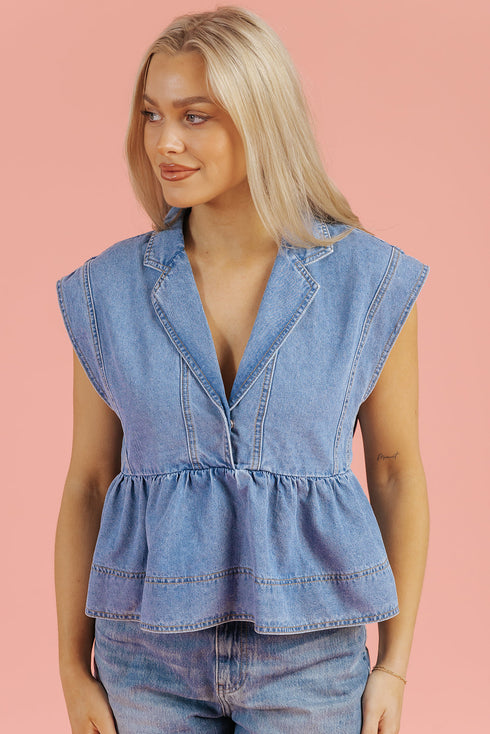 Dusk Blue Lapel Denim Babydoll Top