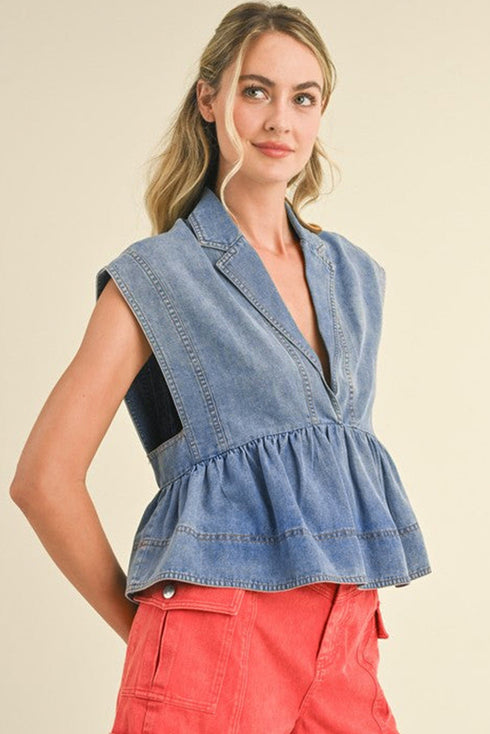 Dusk Blue Lapel Denim Babydoll Top