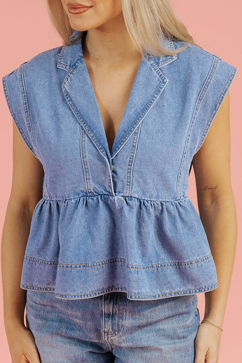 Dusk Blue Lapel Denim Babydoll Top