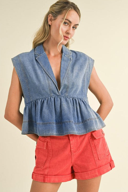 Dusk Blue Lapel Denim Babydoll Top