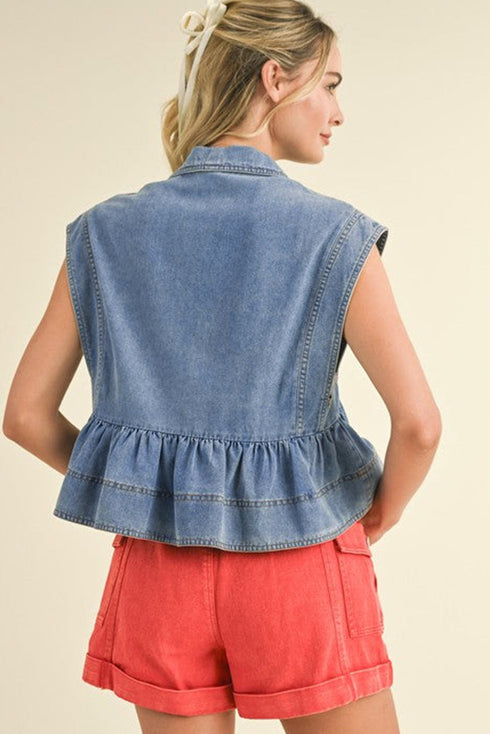 Dusk Blue Lapel Denim Babydoll Top