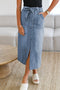 Dusk Blue Light Wash Belted High Waist Midi Denim Skirt