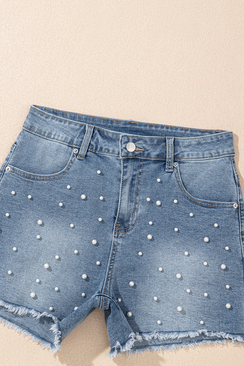 Dusk Blue Pearl Beaded Raw Hem Medium Wash Denim Shorts