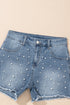 Dusk Blue Pearl Beaded Raw Hem Medium Wash Denim Shorts