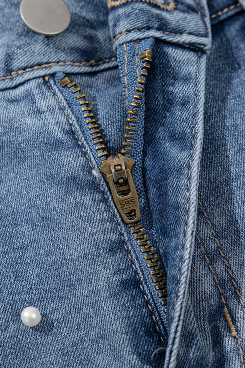 Dusk Blue Pearl Beaded Raw Hem Medium Wash Denim Shorts