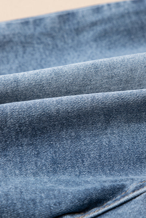 Dusk Blue Pearl Beaded Raw Hem Medium Wash Denim Shorts