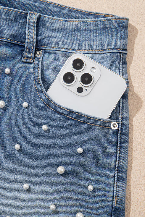 Dusk Blue Pearl Beaded Raw Hem Medium Wash Denim Shorts