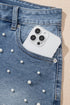 Dusk Blue Pearl Beaded Raw Hem Medium Wash Denim Shorts