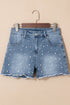 Dusk Blue Pearl Beaded Raw Hem Medium Wash Denim Shorts