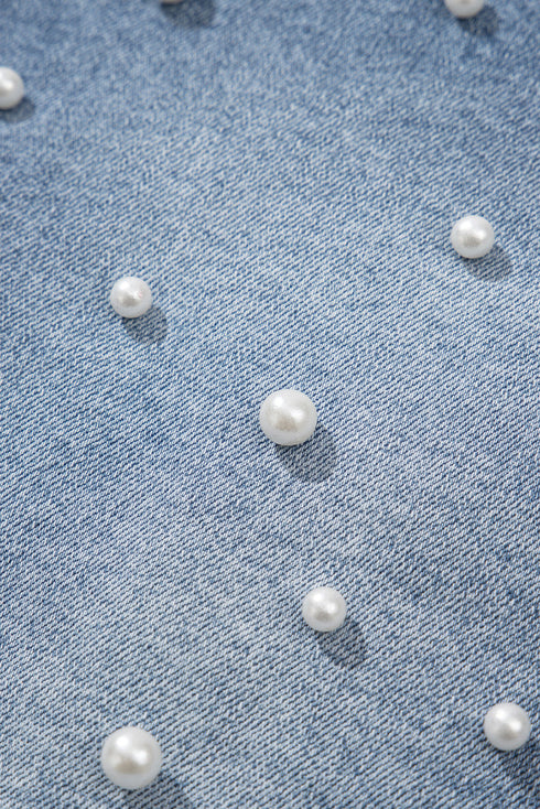 Dusk Blue Pearl Beaded Raw Hem Medium Wash Denim Shorts
