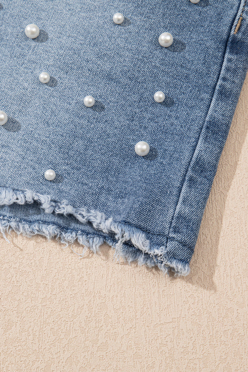 Dusk Blue Pearl Beaded Raw Hem Medium Wash Denim Shorts