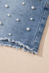 Dusk Blue Pearl Beaded Raw Hem Medium Wash Denim Shorts