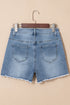 Dusk Blue Pearl Beaded Raw Hem Medium Wash Denim Shorts