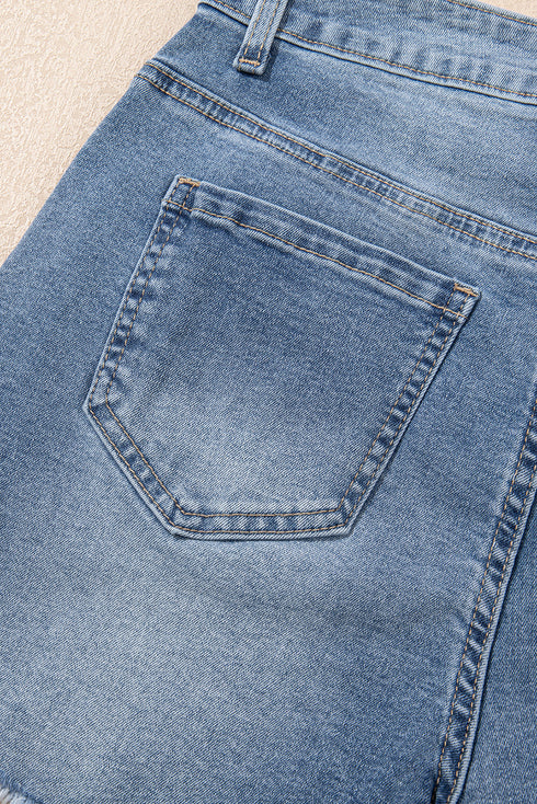 Dusk Blue Pearl Beaded Raw Hem Medium Wash Denim Shorts