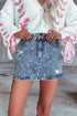 Dusk Blue Rhinestone Distressed Denim High Waist Mini Skirt